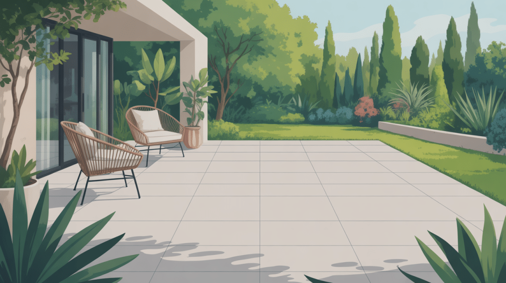 Amenagement terrasse beton moderne avec finitions et mobilier