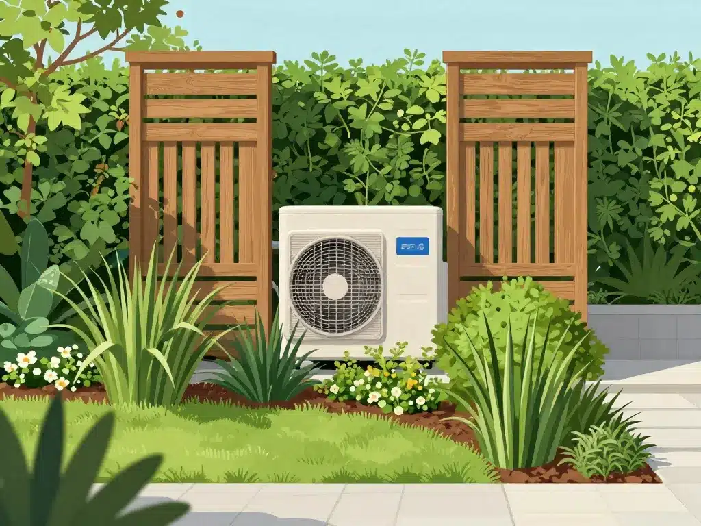 cacher une pompe à chaleur décoratif avec plantes et claustra