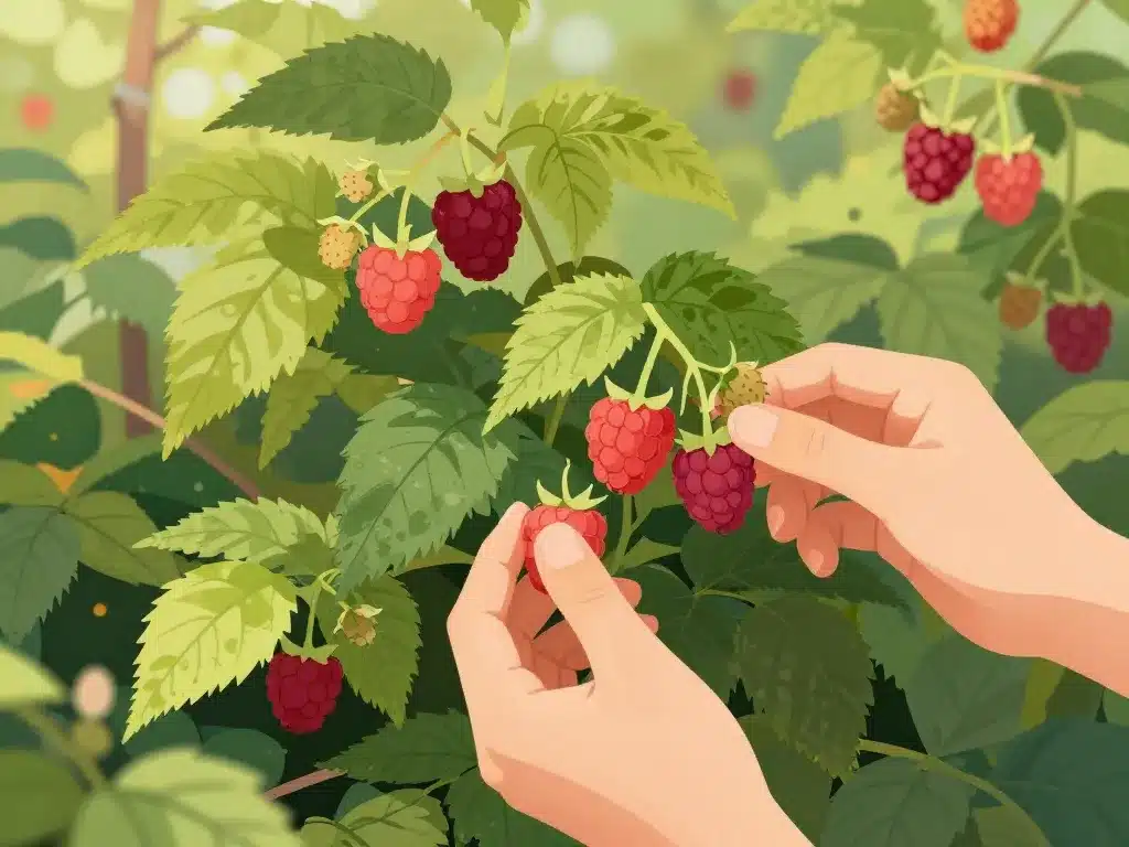 framboises mûres et immatures sur buisson
