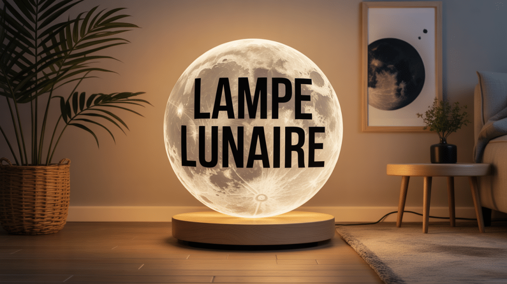 lampe lunaire éclairée sur support bois dans séjour moderne