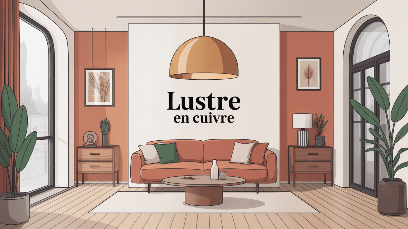 lustre en cuivre suspendu dans salon moderne ambiance élégante