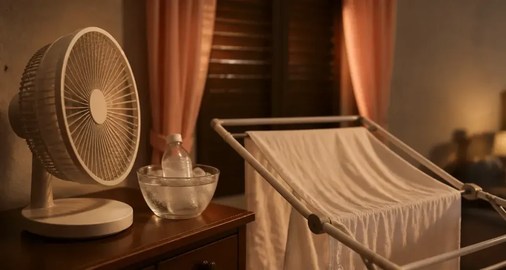 Comment rafraîchir une pièce avec un ventilateur : linge humide devant un ventilateur
