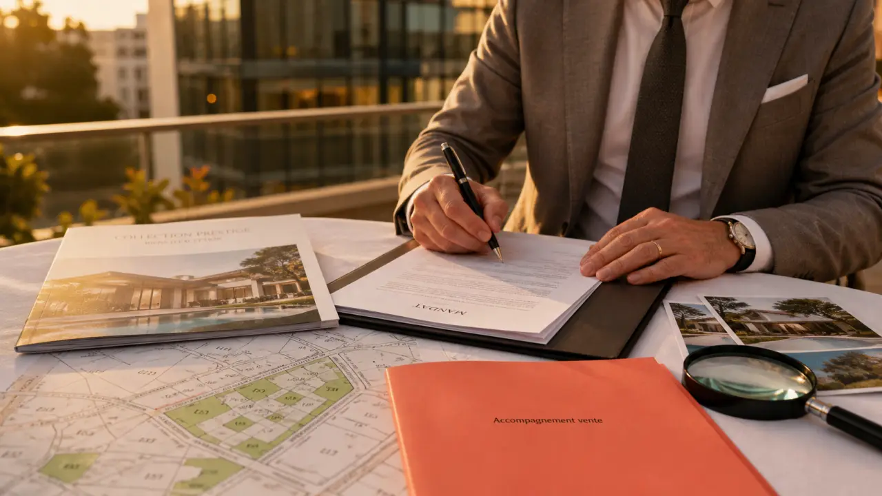 Accompagnement vente immobilier de luxe : agent signe un mandat et estime un bien