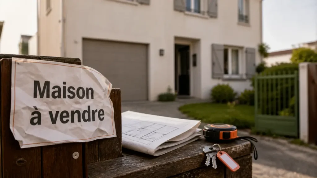 Achat maison Royan : panneau maison à vendre et rue résidentielle