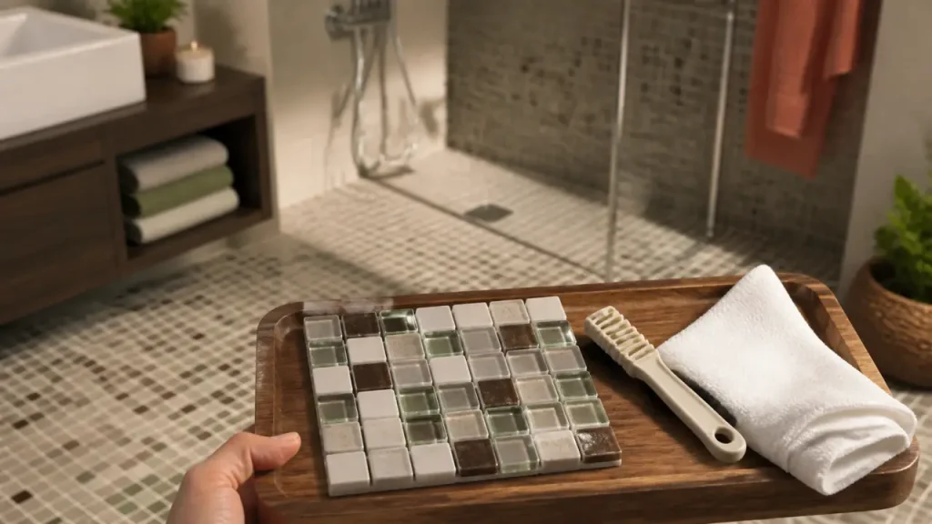 Carrelage mosaique sol antidérapant en salle de bain, joints beiges