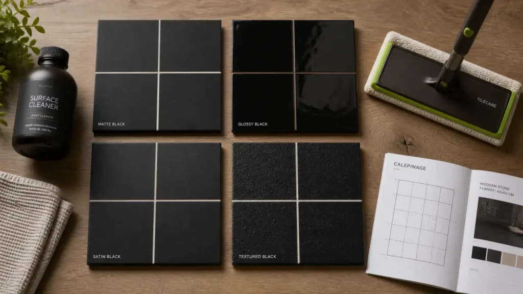 Carrelage noir sol mat, brillant et texturé à comparer
