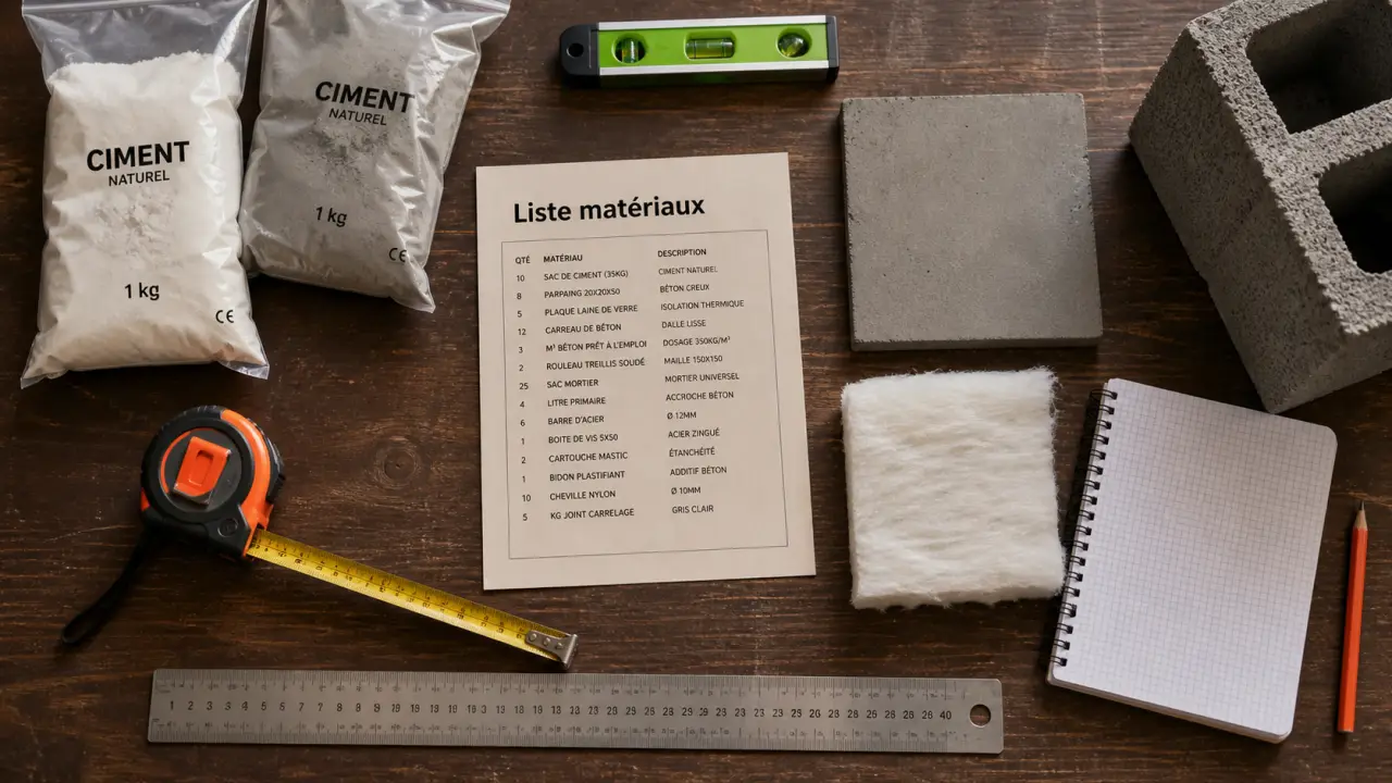 Liste de matériaux de construction : échantillons béton, laine de verre et parpaing