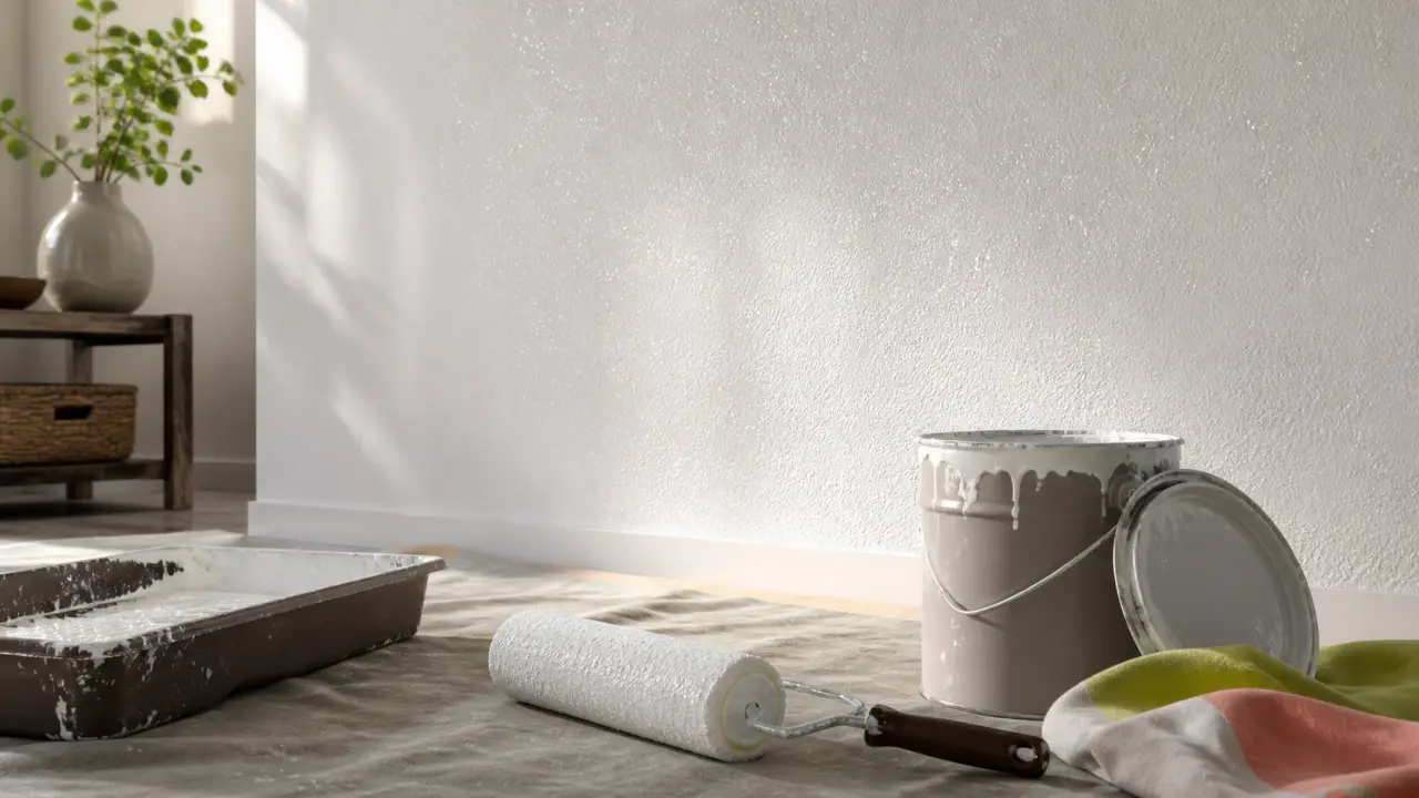 Paillette pour peinture murale sur mur blanc, dernière couche et micro-reflets au rouleau