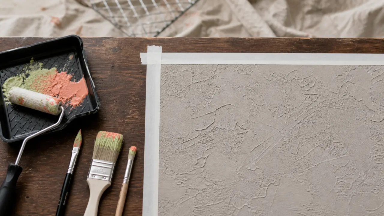 Pinceau pour peinture murale sur mur factice, fibres et angles visibles