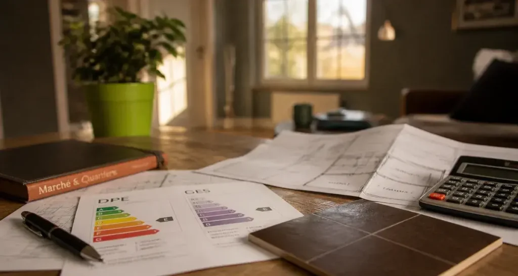 Achat maison Strasbourg : dossier DPE et plan de maison sur table