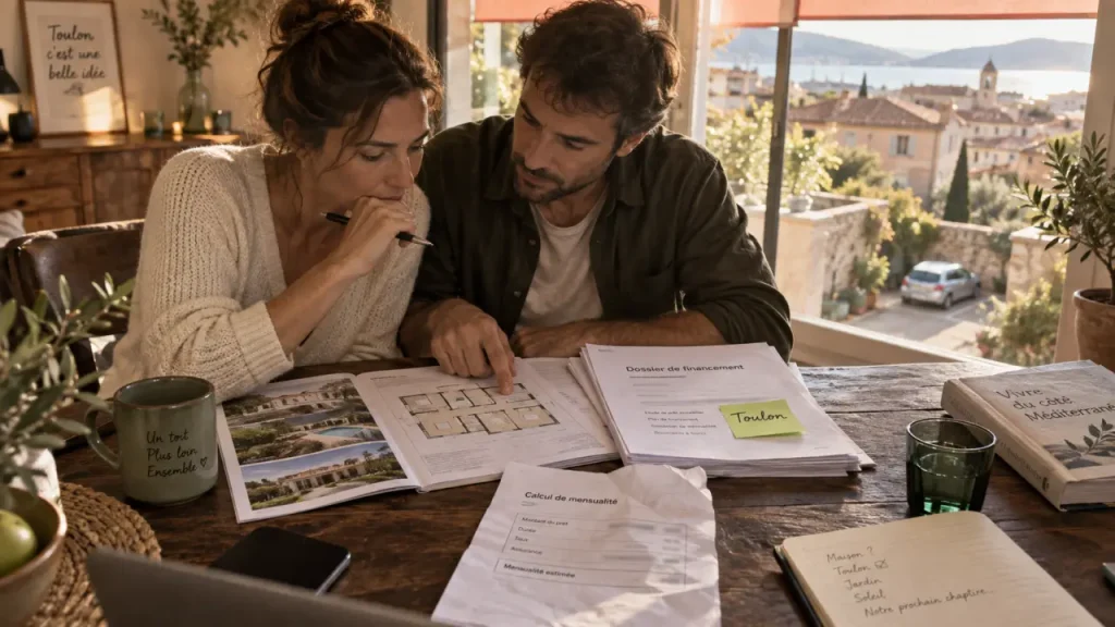 Achat maison toulon : couple consulte un projet de maison, plan et calculs.