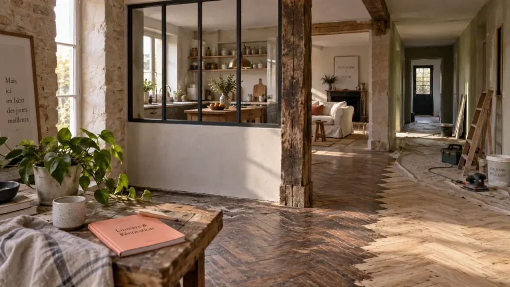 Idée rénovation maison ancienne : intérieur en rénovation, parquet ancien et mur en pierre