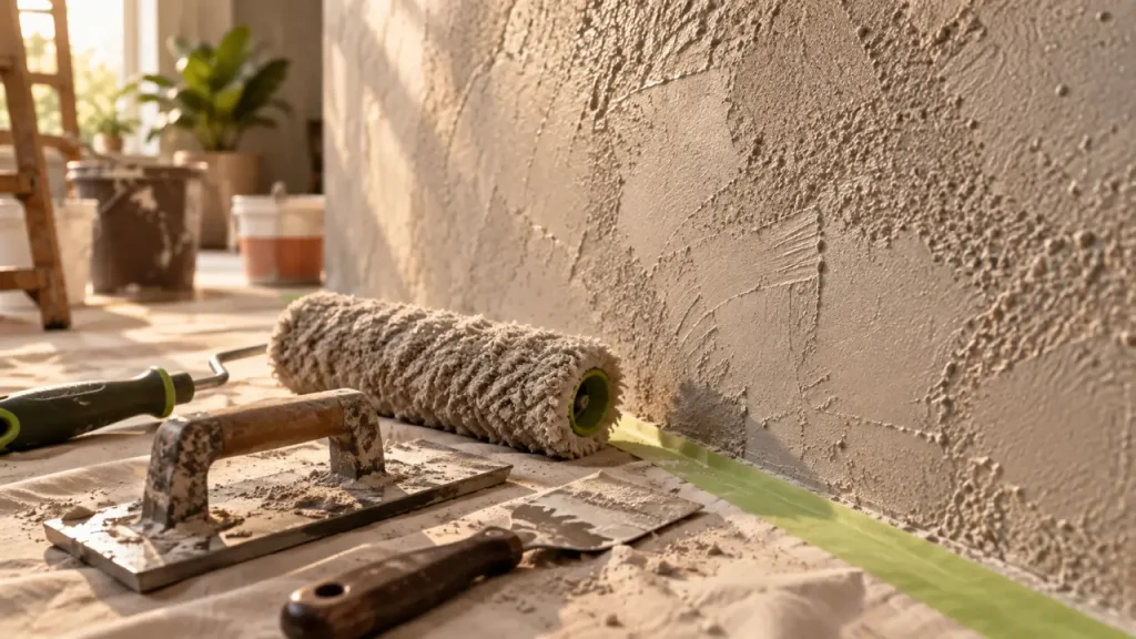 Peinture relief murale texture sablée, rouleau et enduit au mur