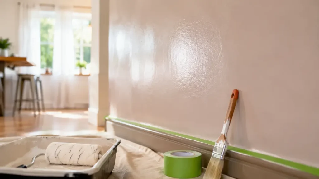 Peinture satinee murale : mur satin reeint, rouleau et ruban sur plinthe