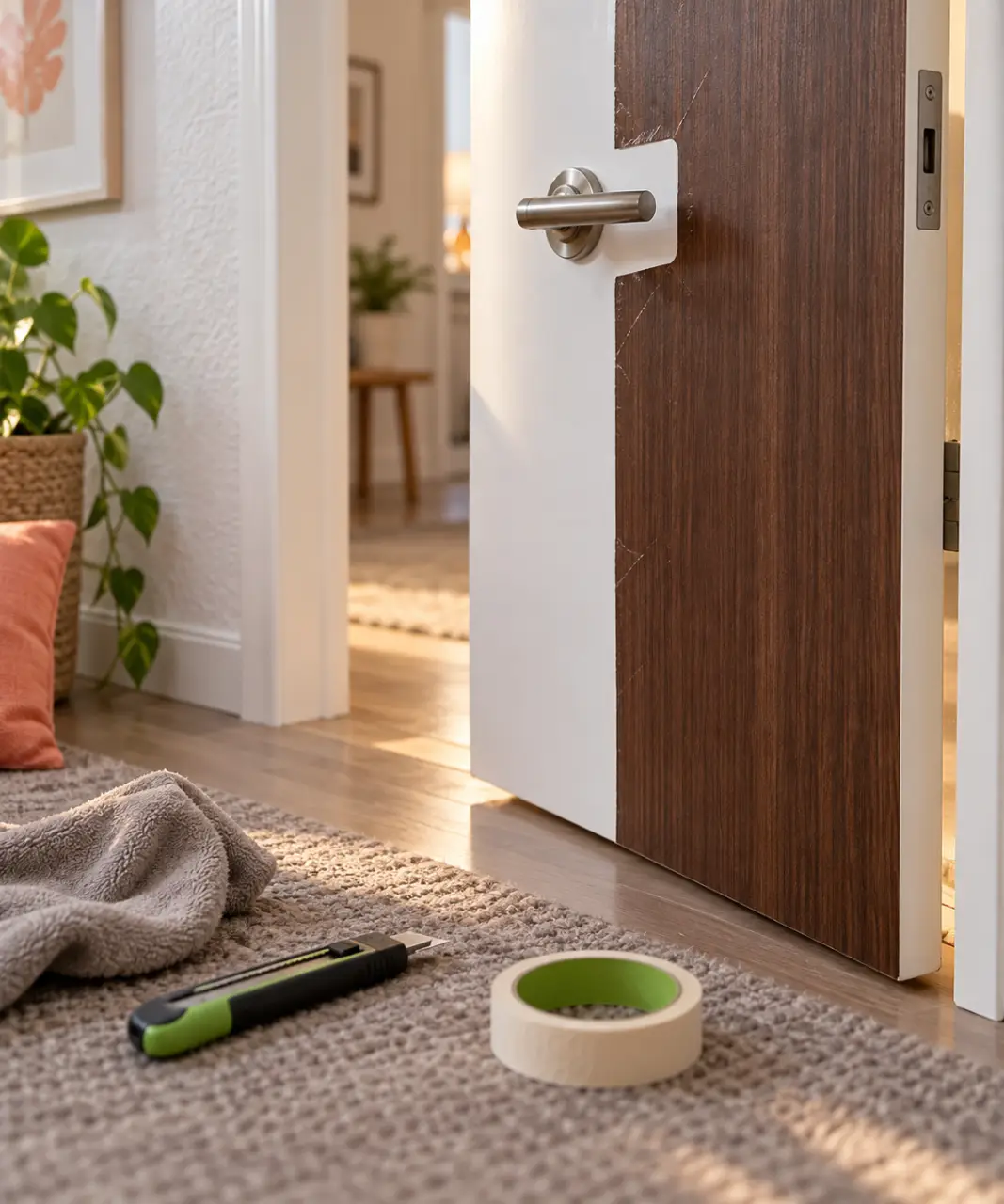 Décoration porte intérieure : habillage sans travaux effet bois près de la poignée